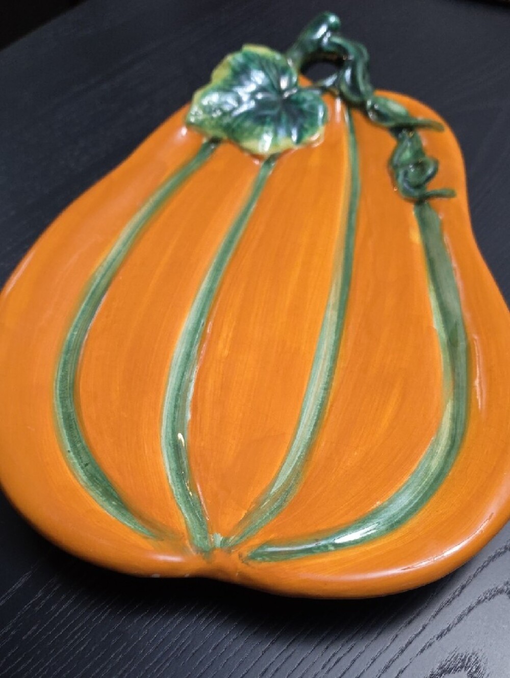 Festive Orange Ceramic Pumpkin Serving Platter with Green Accent - Picture 3 of 10